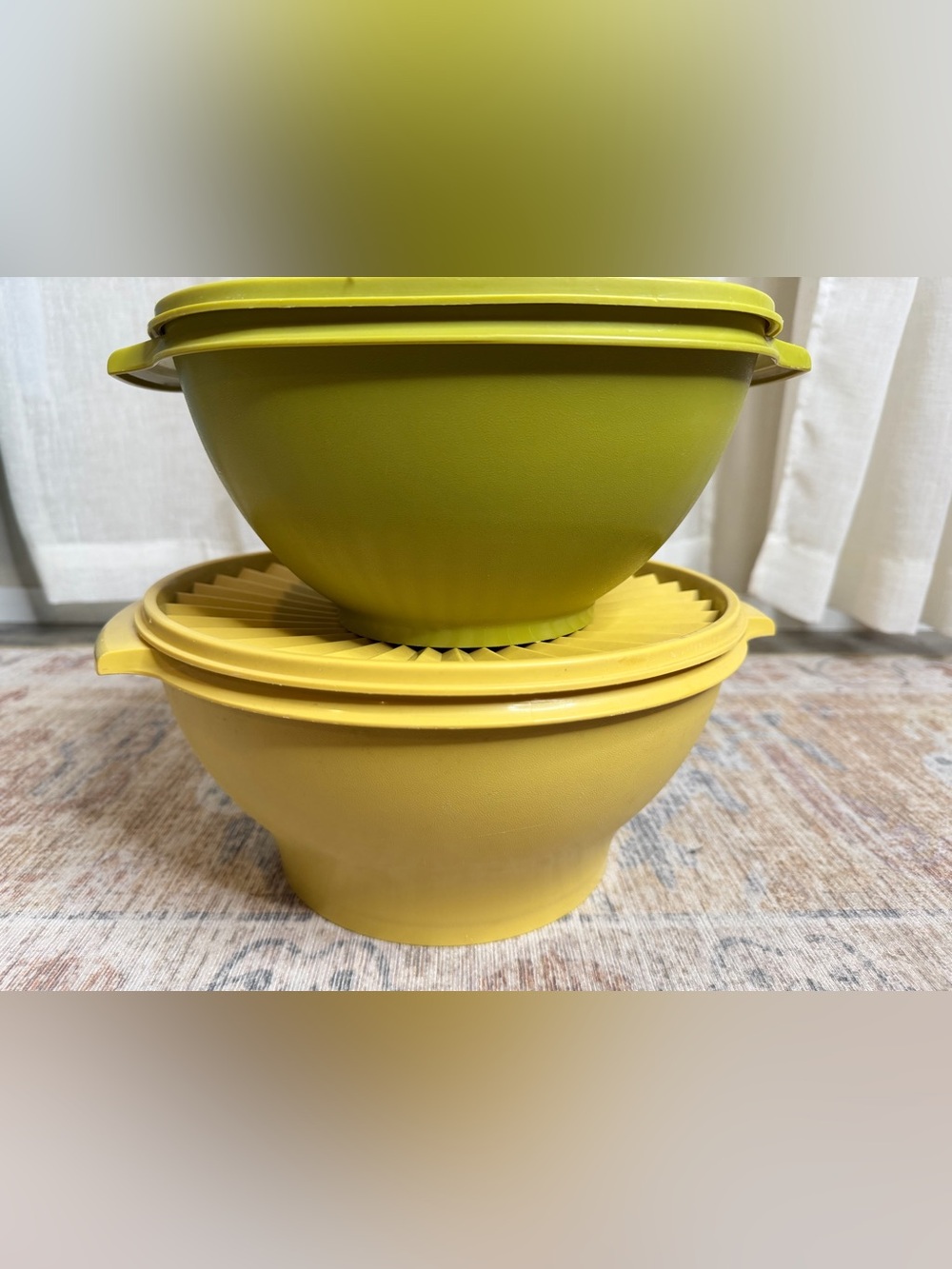Vintage Tupperware Yellow and Olive Green Mixing Bowls with Lids